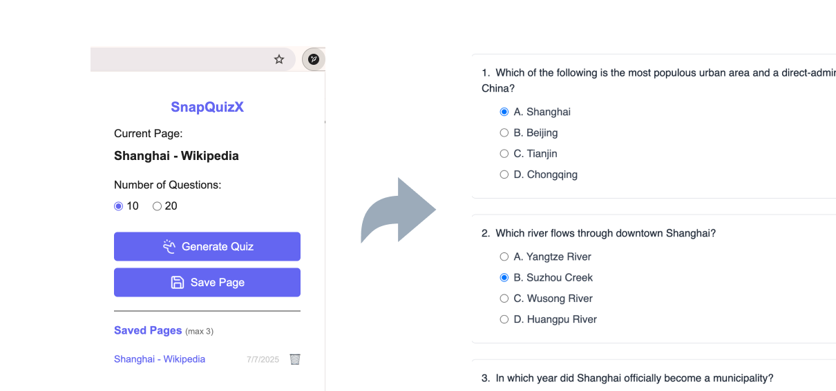 SnapQuizX Chrome Extension Interface Screenshot showing quiz generation from web articles